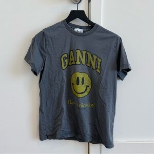 Ganni Charcoal Tee with Yellow Smiley Graphic